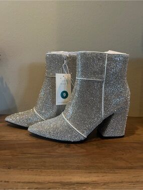 a new day Silver Glitter Pointed Block Heel Ankle Boots